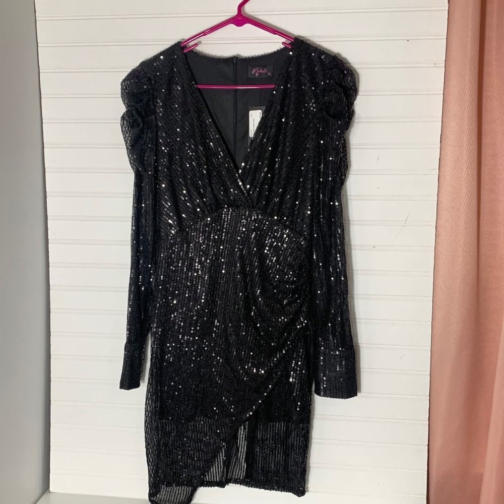 Mabell Black Sequin‎ V Neck Puff Sleeve Ruched Sheath Dress Party Evening